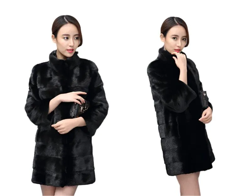 Thick Warm Collar Rabbit Fur Coat Women's Long-sleeve Fashion Jacket  Fur Coat