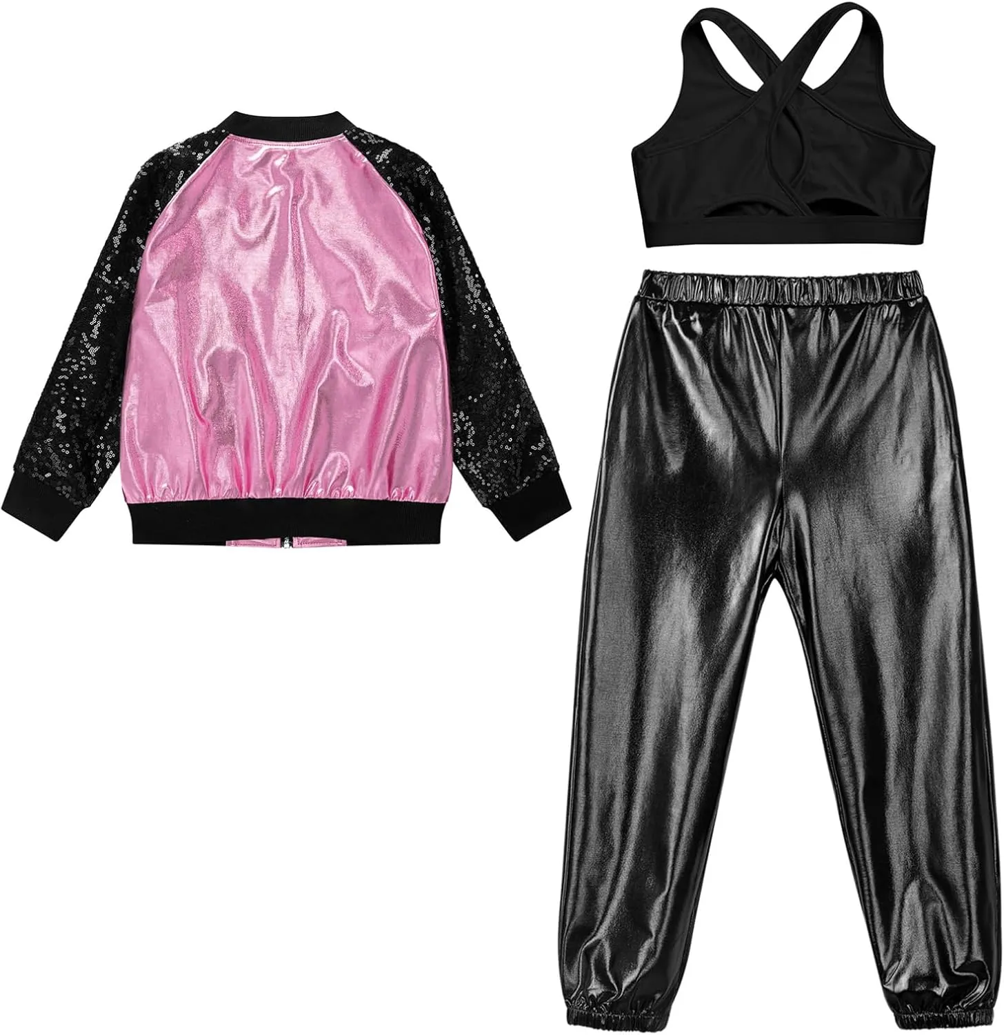 TiaoBug Kids Girls Sequins Long Sleeve Bomber Jacket Dance Coat Outerwear Crop Top with Harem Pants Set Tracksuit