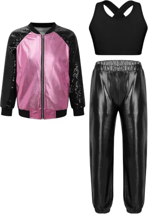 TiaoBug Kids Girls Sequins Long Sleeve Bomber Jacket Dance Coat Outerwear Crop Top with Harem Pants Set Tracksuit