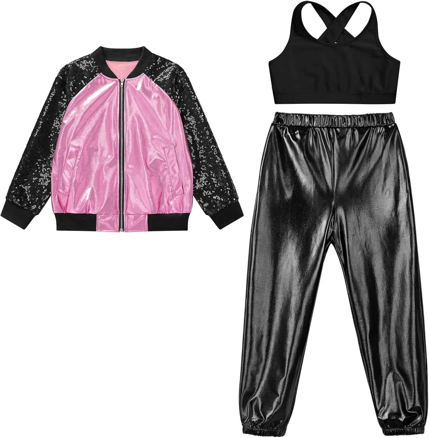 TiaoBug Kids Girls Sequins Long Sleeve Bomber Jacket Dance Coat Outerwear Crop Top with Harem Pants Set Tracksuit