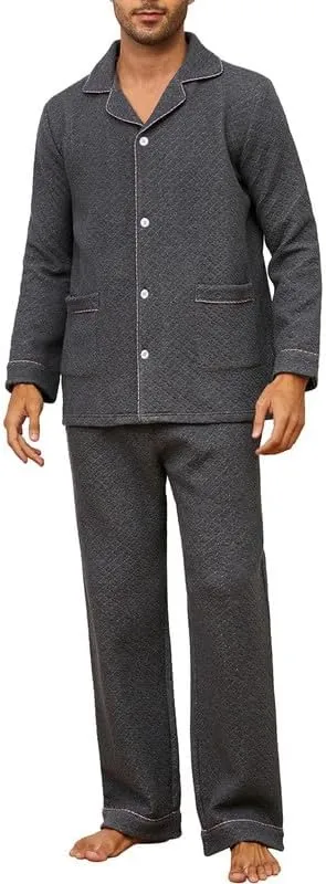 U2SKIIN Mens Pajama Set Soft Warm Long Sleeve Quilted Fabric Cotton Cozy Sleepwear Button-Down Pjs