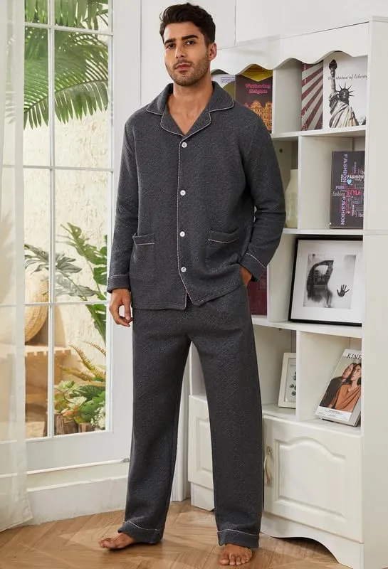 U2SKIIN Mens Pajama Set Soft Warm Long Sleeve Quilted Fabric Cotton Cozy Sleepwear Button-Down Pjs