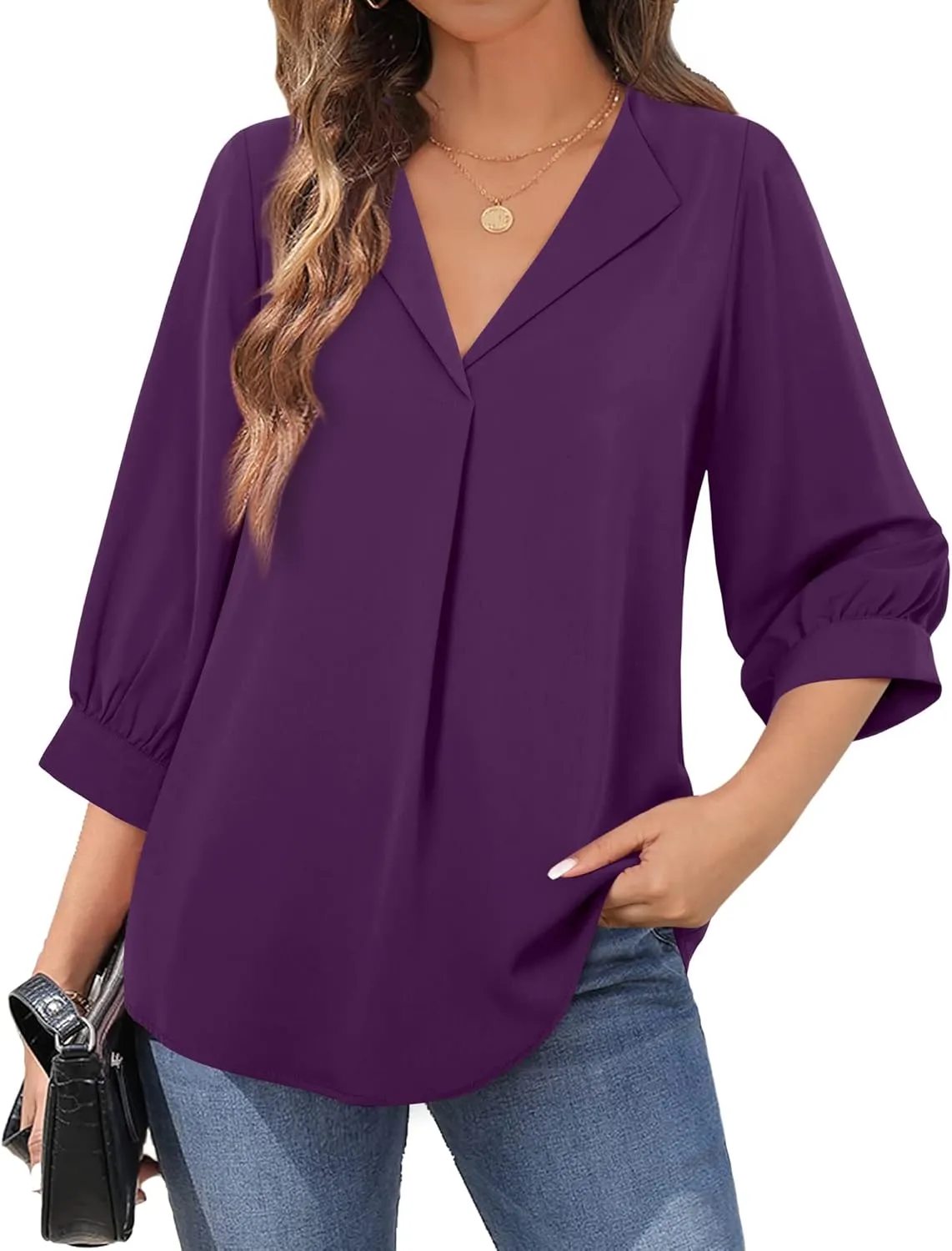 Unixseque Women's Casual Chiffon V Neck 3/4 Sleeve Business Tops Loose Work Blouses