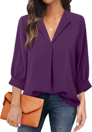 Unixseque Women's Casual Chiffon V Neck 3/4 Sleeve Business Tops Loose Work Blouses