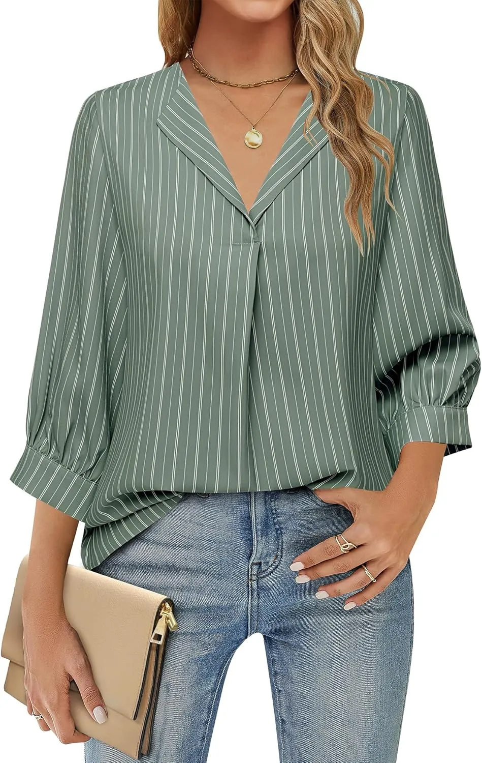 Unixseque Women's Casual Chiffon V Neck 3/4 Sleeve Business Tops Loose Work Blouses