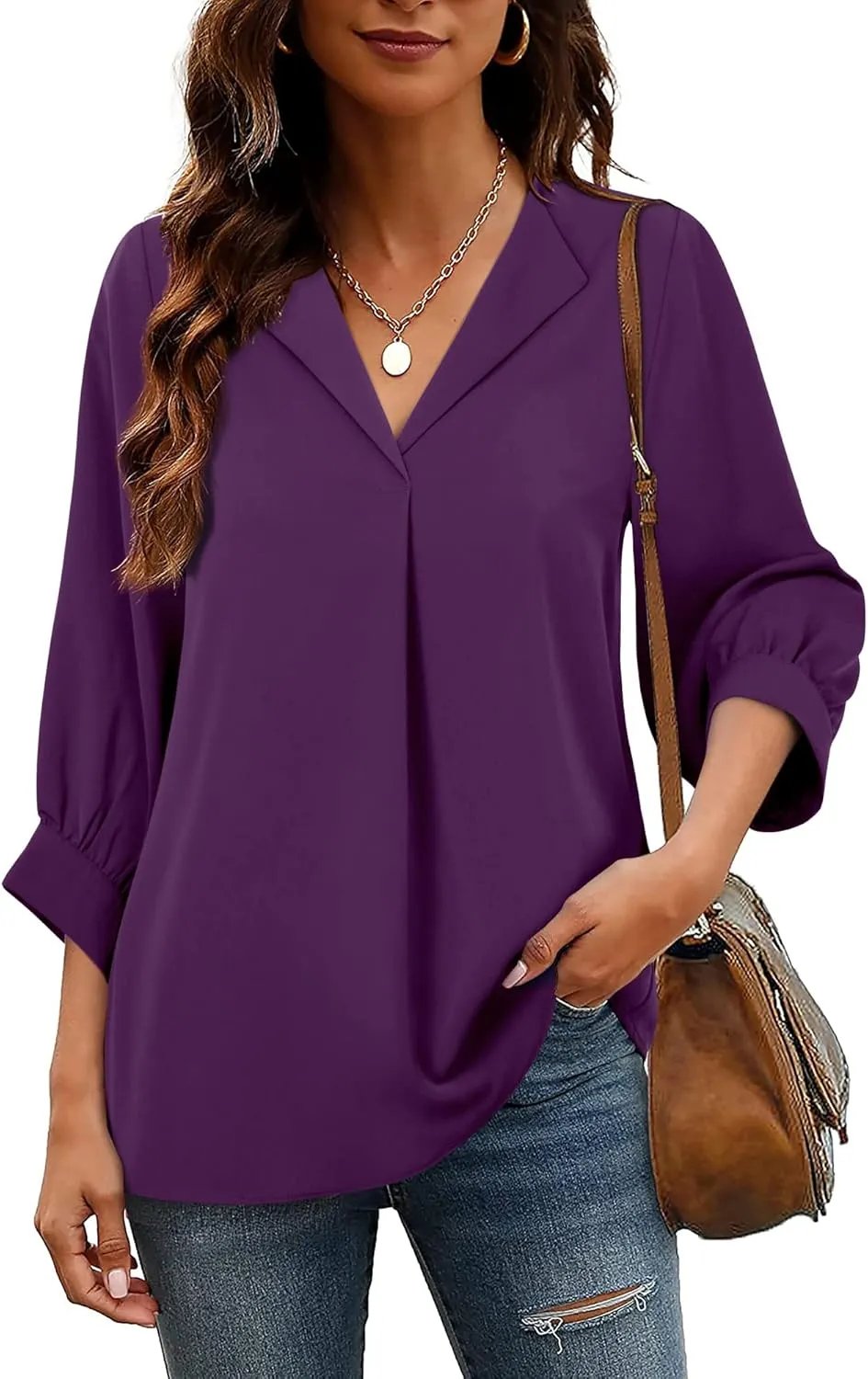 Unixseque Women's Casual Chiffon V Neck 3/4 Sleeve Business Tops Loose Work Blouses