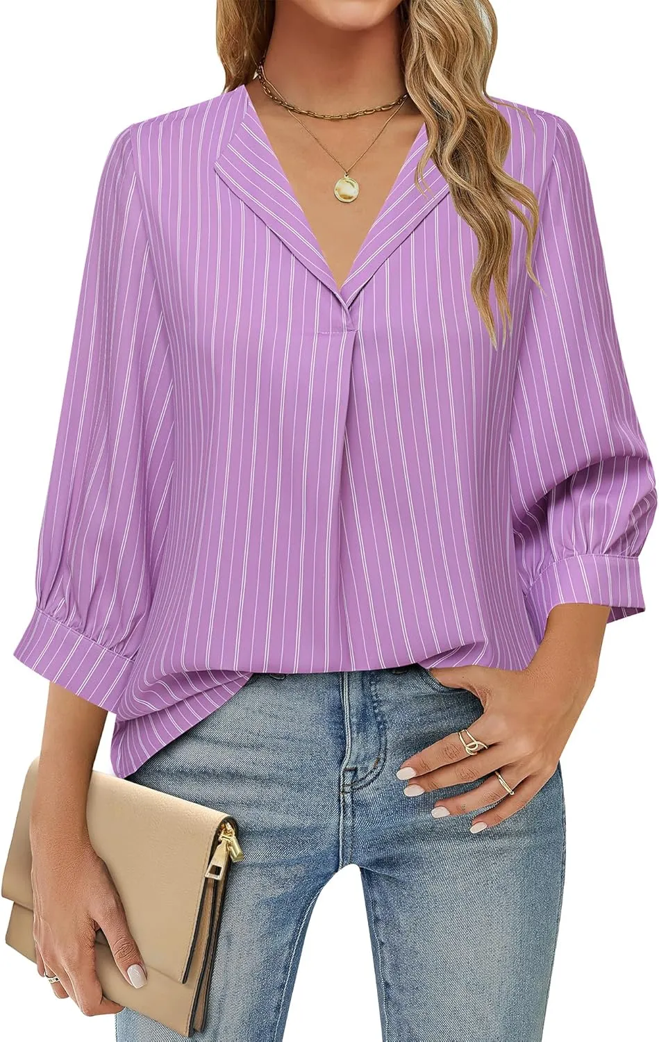 Unixseque Women's Casual Chiffon V Neck 3/4 Sleeve Business Tops Loose Work Blouses