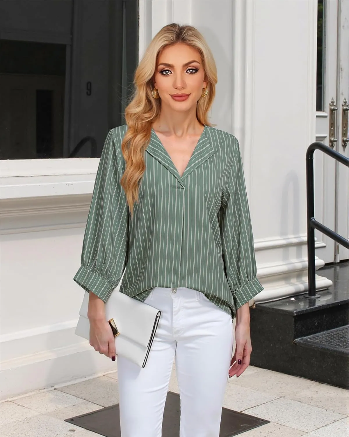 Unixseque Women's Casual Chiffon V Neck 3/4 Sleeve Business Tops Loose Work Blouses