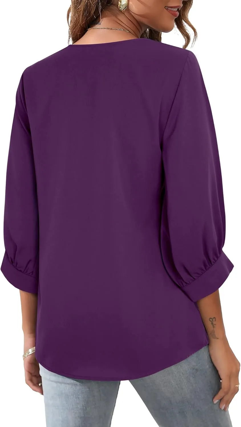 Unixseque Women's Casual Chiffon V Neck 3/4 Sleeve Business Tops Loose Work Blouses