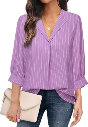 Unixseque Women's Casual Chiffon V Neck 3/4 Sleeve Business Tops Loose Work Blouses
