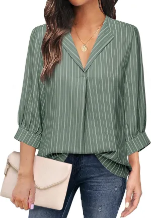 Unixseque Women's Casual Chiffon V Neck 3/4 Sleeve Business Tops Loose Work Blouses