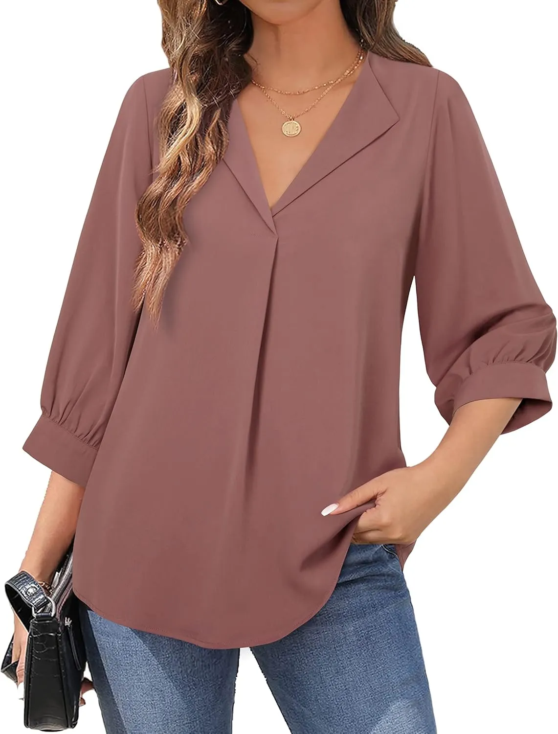 Unixseque Women's Casual Chiffon V Neck 3/4 Sleeve Business Tops Loose Work Blouses