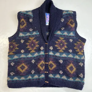 Vintage Newari 100% Wool Sweater Vest Sz Large Hand Knit Multicolor Wood Toggles