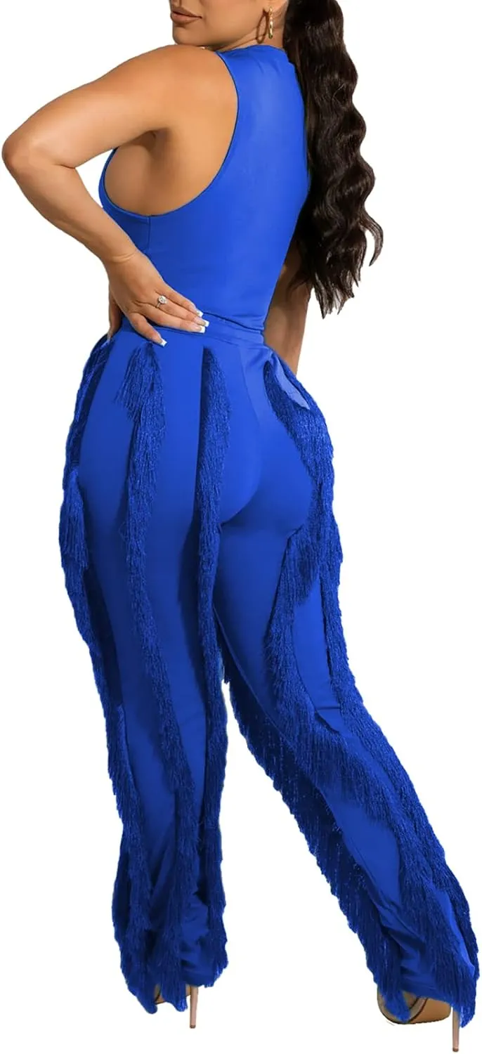 Vssjavun Women 2 Piece Outfits Casual Sleeveless Tank Tops High Waist Tassel Fringe Long Pants Sets Sweatsuit Clubwear