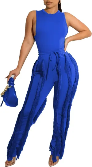 Vssjavun Women 2 Piece Outfits Casual Sleeveless Tank Tops High Waist Tassel Fringe Long Pants Sets Sweatsuit Clubwear