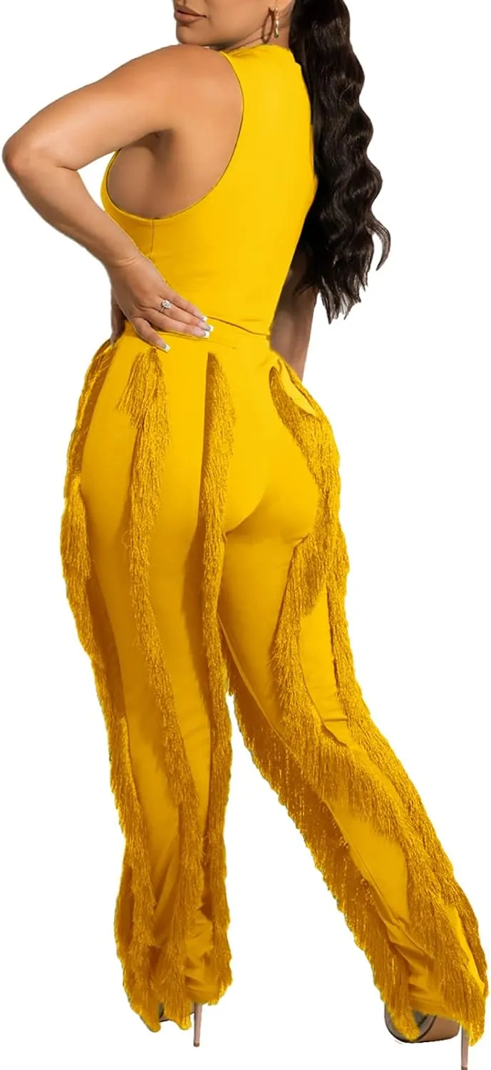 Vssjavun Women 2 Piece Outfits Casual Sleeveless Tank Tops High Waist Tassel Fringe Long Pants Sets Sweatsuit Clubwear