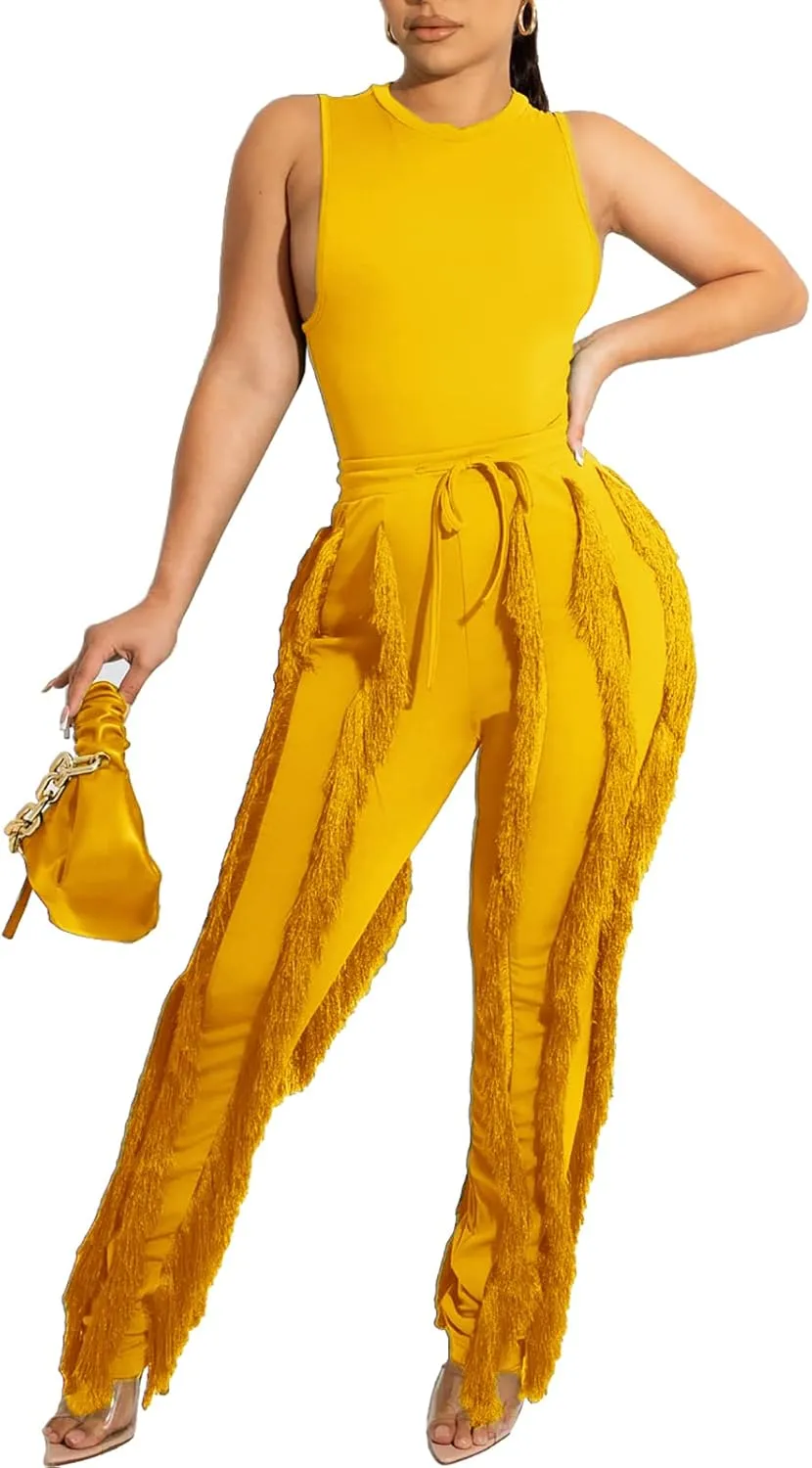 Vssjavun Women 2 Piece Outfits Casual Sleeveless Tank Tops High Waist Tassel Fringe Long Pants Sets Sweatsuit Clubwear