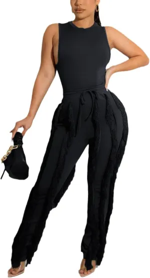 Vssjavun Women 2 Piece Outfits Casual Sleeveless Tank Tops High Waist Tassel Fringe Long Pants Sets Sweatsuit Clubwear