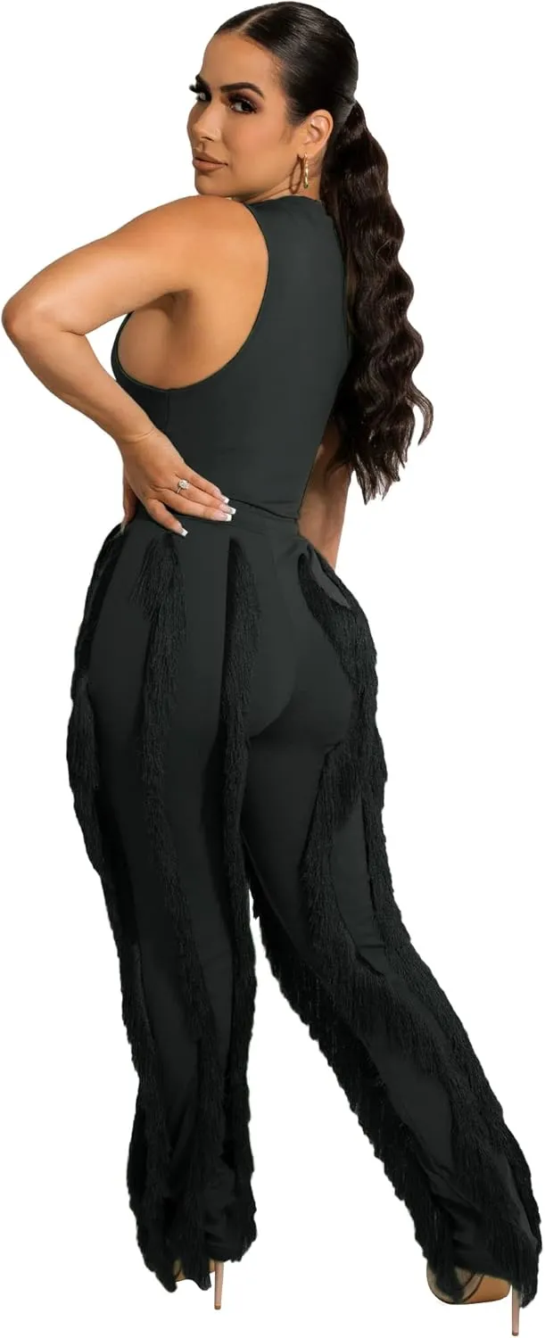 Vssjavun Women 2 Piece Outfits Casual Sleeveless Tank Tops High Waist Tassel Fringe Long Pants Sets Sweatsuit Clubwear