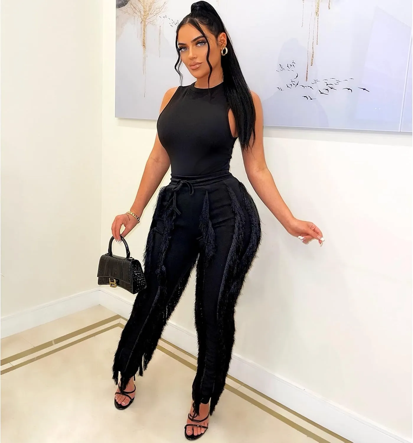 Vssjavun Women 2 Piece Outfits Casual Sleeveless Tank Tops High Waist Tassel Fringe Long Pants Sets Sweatsuit Clubwear