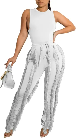 Vssjavun Women 2 Piece Outfits Casual Sleeveless Tank Tops High Waist Tassel Fringe Long Pants Sets Sweatsuit Clubwear