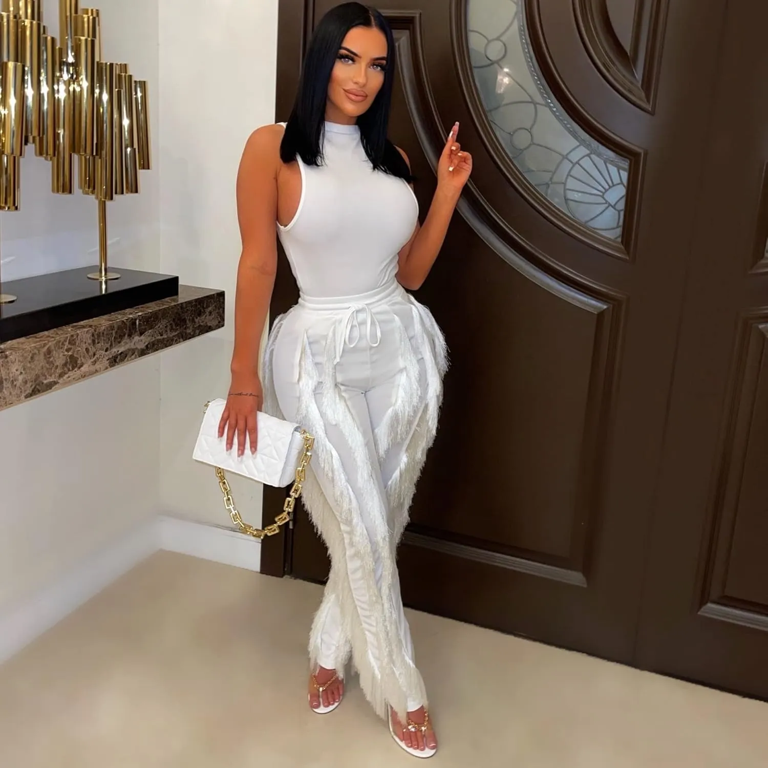 Vssjavun Women 2 Piece Outfits Casual Sleeveless Tank Tops High Waist Tassel Fringe Long Pants Sets Sweatsuit Clubwear