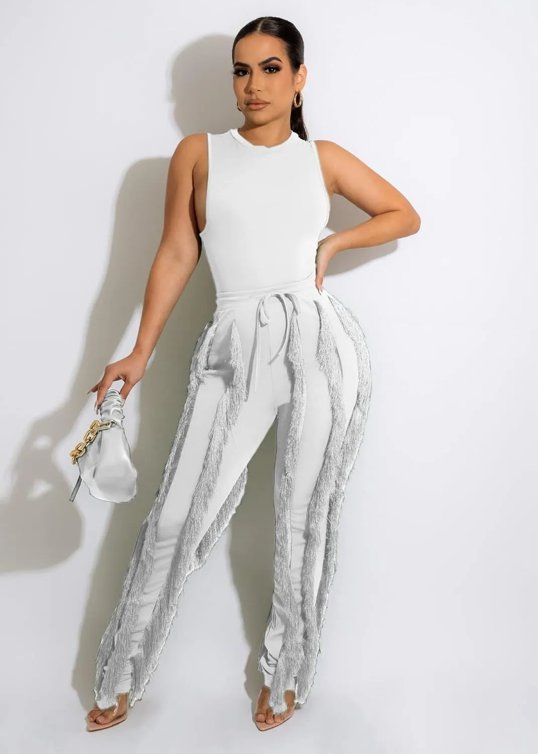 Vssjavun Women 2 Piece Outfits Casual Sleeveless Tank Tops High Waist Tassel Fringe Long Pants Sets Sweatsuit Clubwear