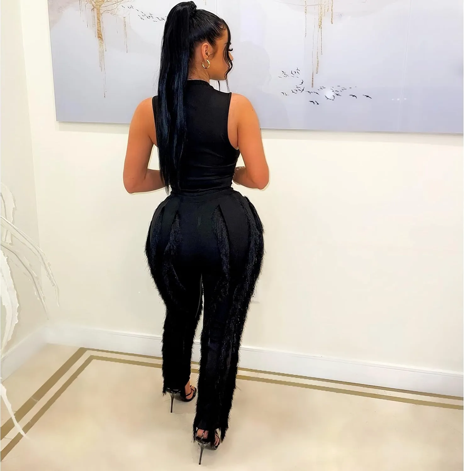 Vssjavun Women 2 Piece Outfits Casual Sleeveless Tank Tops High Waist Tassel Fringe Long Pants Sets Sweatsuit Clubwear