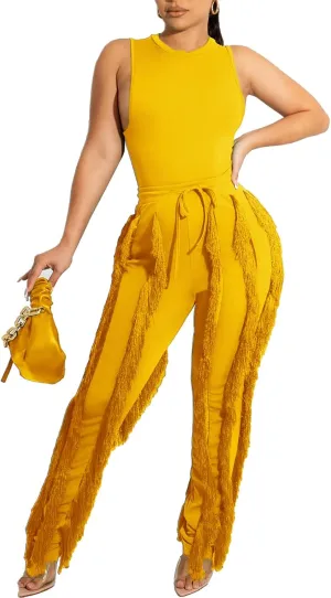 Vssjavun Women 2 Piece Outfits Casual Sleeveless Tank Tops High Waist Tassel Fringe Long Pants Sets Sweatsuit Clubwear