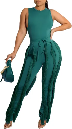 Vssjavun Women 2 Piece Outfits Casual Sleeveless Tank Tops High Waist Tassel Fringe Long Pants Sets Sweatsuit Clubwear