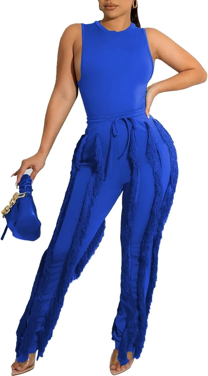 Vssjavun Women 2 Piece Outfits Casual Sleeveless Tank Tops High Waist Tassel Fringe Long Pants Sets Sweatsuit Clubwear