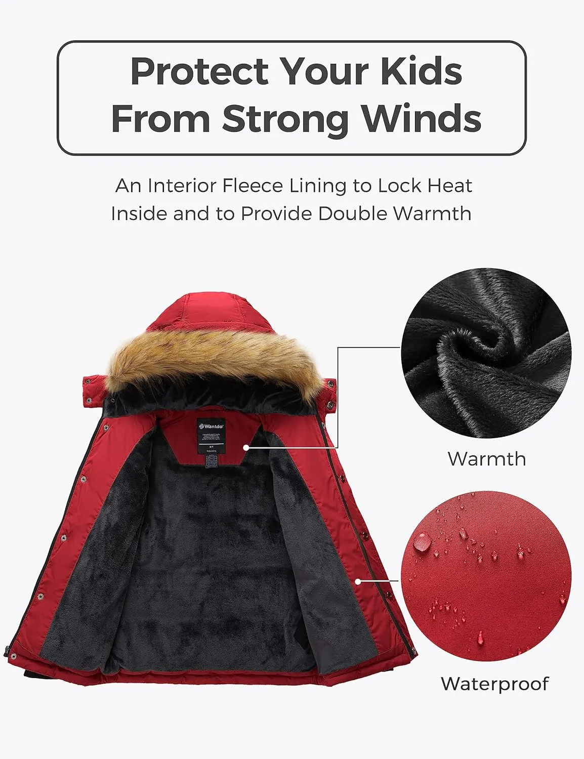 wantdo Boys' Winter Coat Warm Puffer Coat Waterproof Winter Jacket with Faux Fur Hood