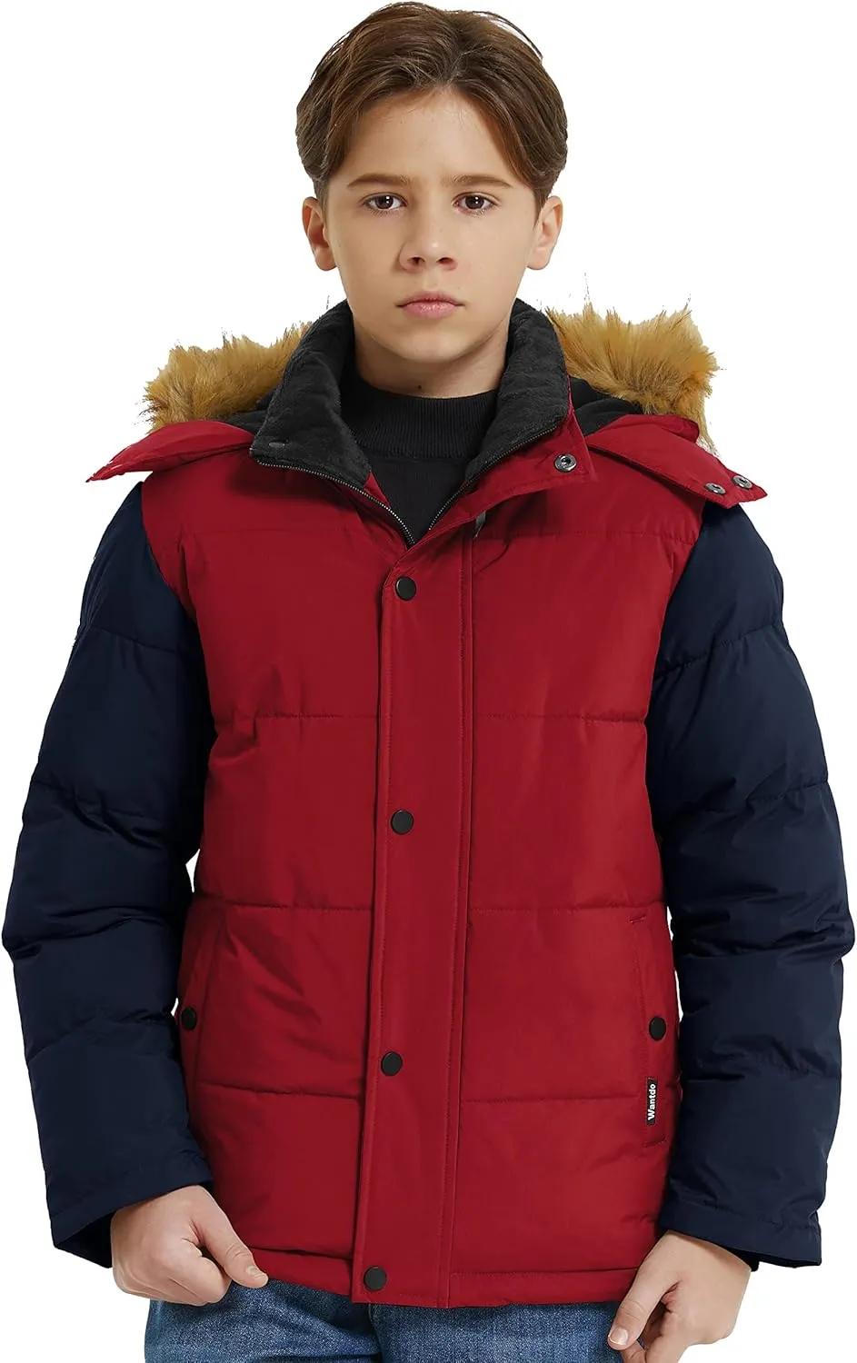 wantdo Boys' Winter Coat Warm Puffer Coat Waterproof Winter Jacket with Faux Fur Hood