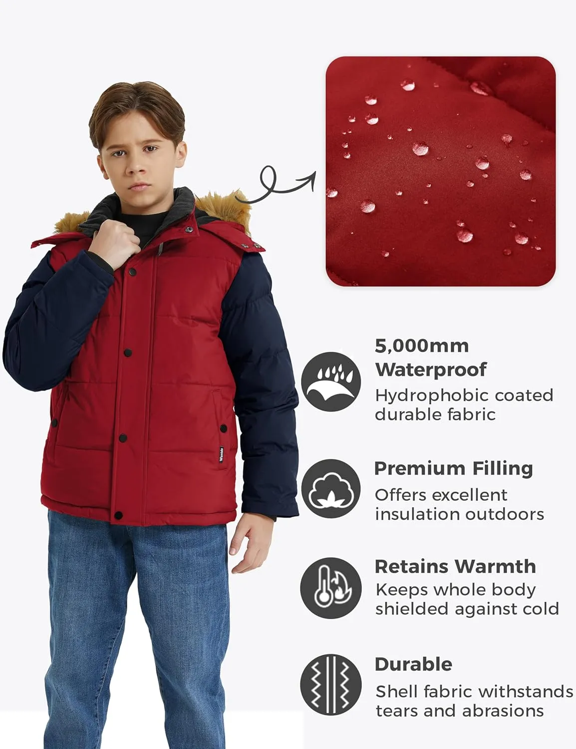 wantdo Boys' Winter Coat Warm Puffer Coat Waterproof Winter Jacket with Faux Fur Hood