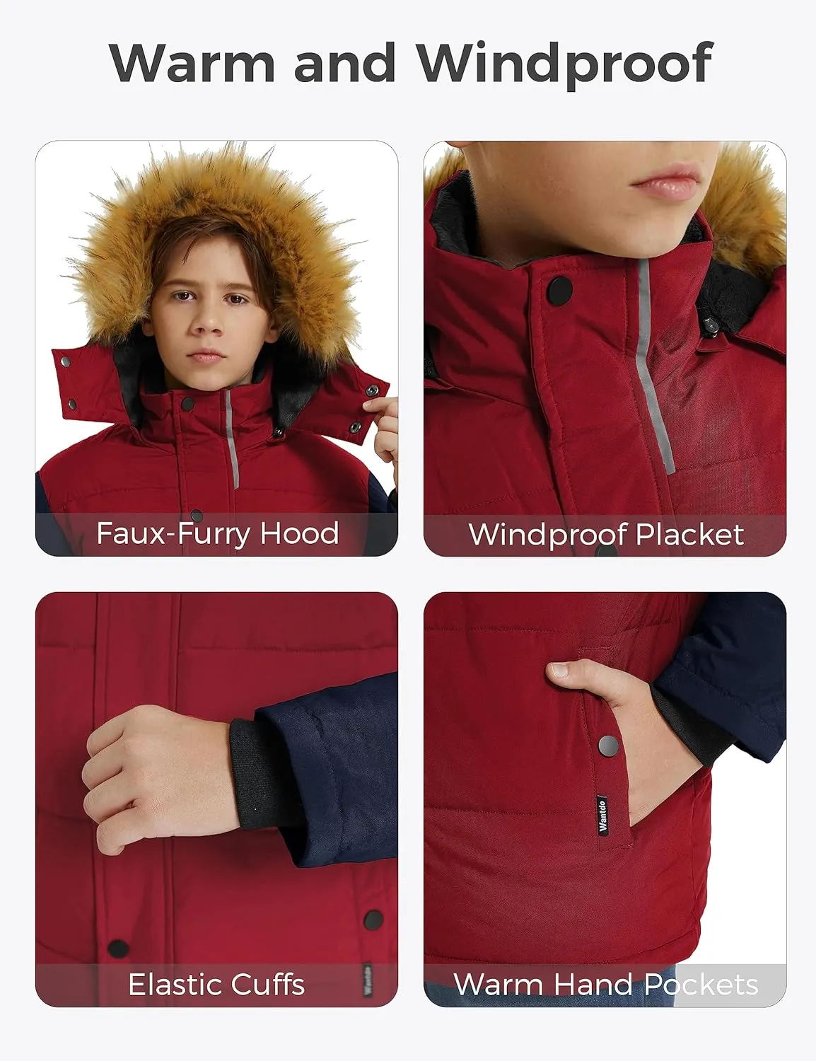 wantdo Boys' Winter Coat Warm Puffer Coat Waterproof Winter Jacket with Faux Fur Hood