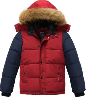wantdo Boys' Winter Coat Warm Puffer Coat Waterproof Winter Jacket with Faux Fur Hood