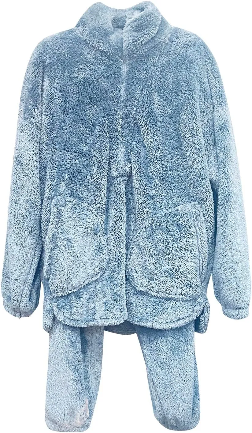 Warm Pajamas for Women Fuzzy Pajama Sets Cozy Fleece Oversized Pullover Pants Sets Half Zip Loungewear 2 Piece Pjs