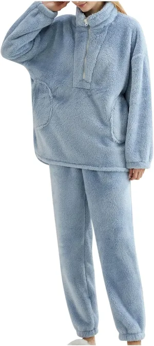 Warm Pajamas for Women Fuzzy Pajama Sets Cozy Fleece Oversized Pullover Pants Sets Half Zip Loungewear 2 Piece Pjs