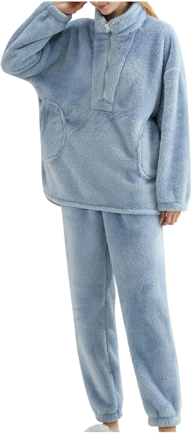 Warm Pajamas for Women Fuzzy Pajama Sets Cozy Fleece Oversized Pullover Pants Sets Half Zip Loungewear 2 Piece Pjs