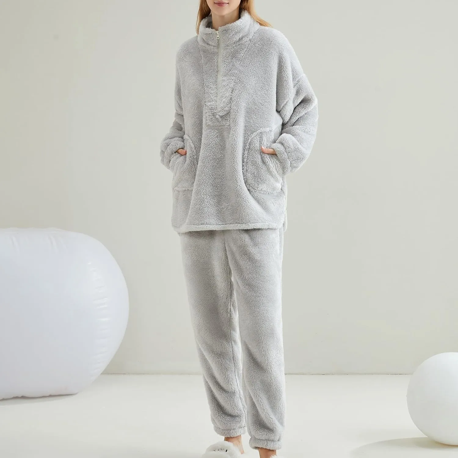 Warm Pajamas for Women Fuzzy Pajama Sets Cozy Fleece Oversized Pullover Pants Sets Half Zip Loungewear 2 Piece Pjs