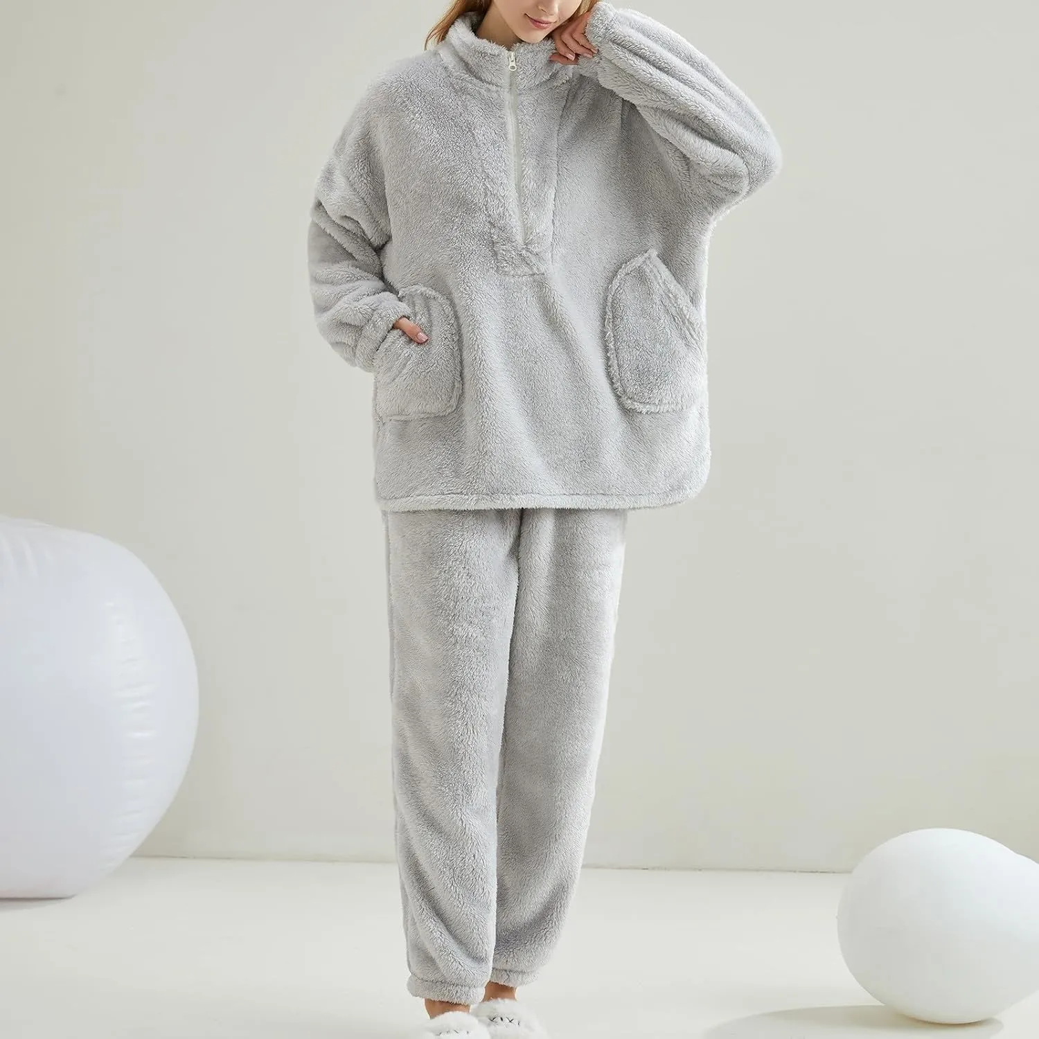 Warm Pajamas for Women Fuzzy Pajama Sets Cozy Fleece Oversized Pullover Pants Sets Half Zip Loungewear 2 Piece Pjs