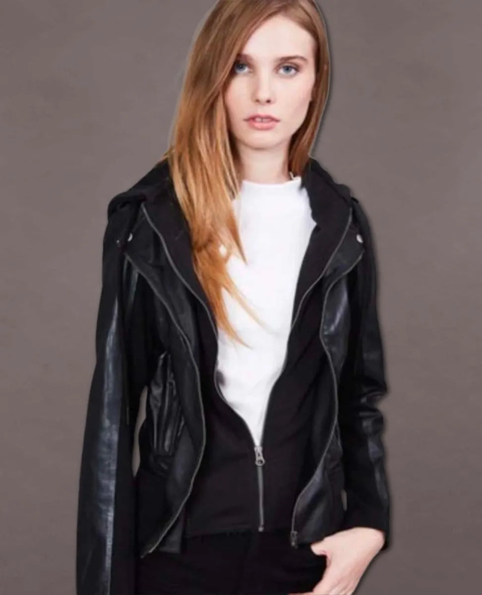 Washable Black Hannah Zip Hood Leather Jacket
