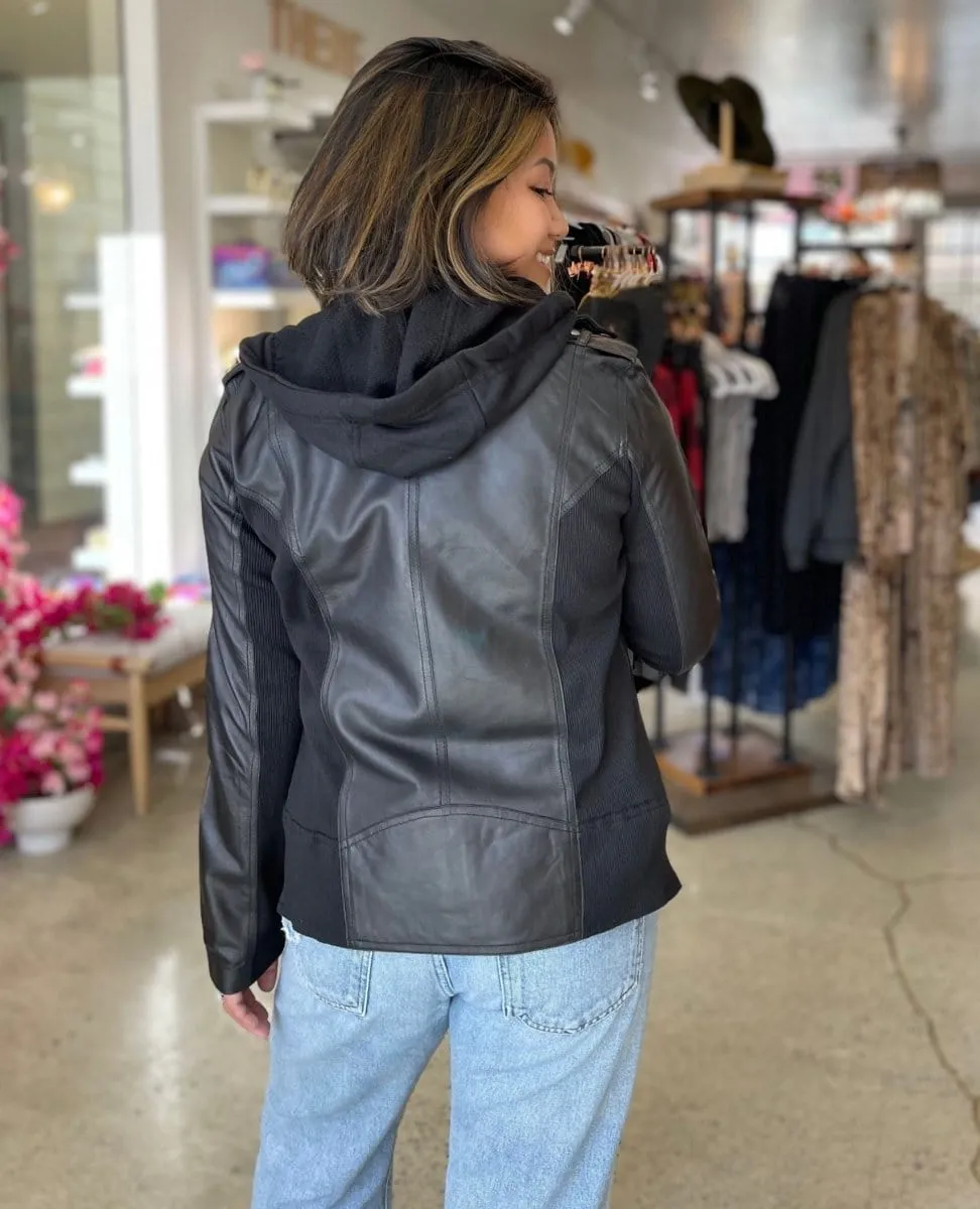 Washable Black Hannah Zip Hood Leather Jacket