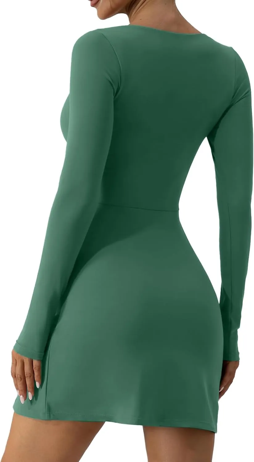 Wenlia Long Sleeve Dresses for Women 2025 Fall Women's Mini Bodycon Sweetheart Neckline Dress with Slit Built in Shorts