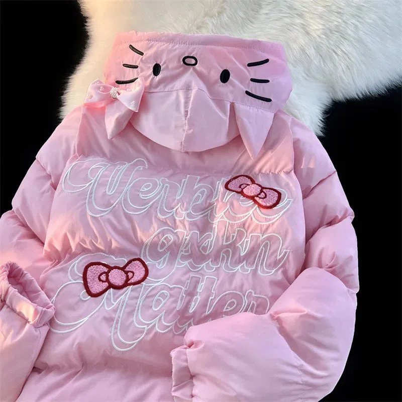 White Kitten Bomber Puffer Jacket