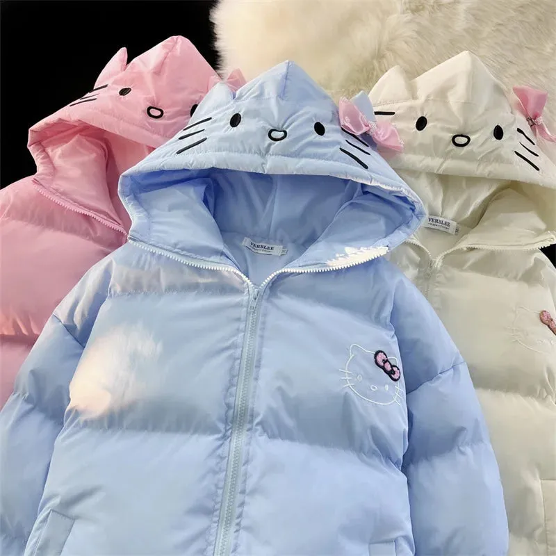 White Kitten Bomber Puffer Jacket