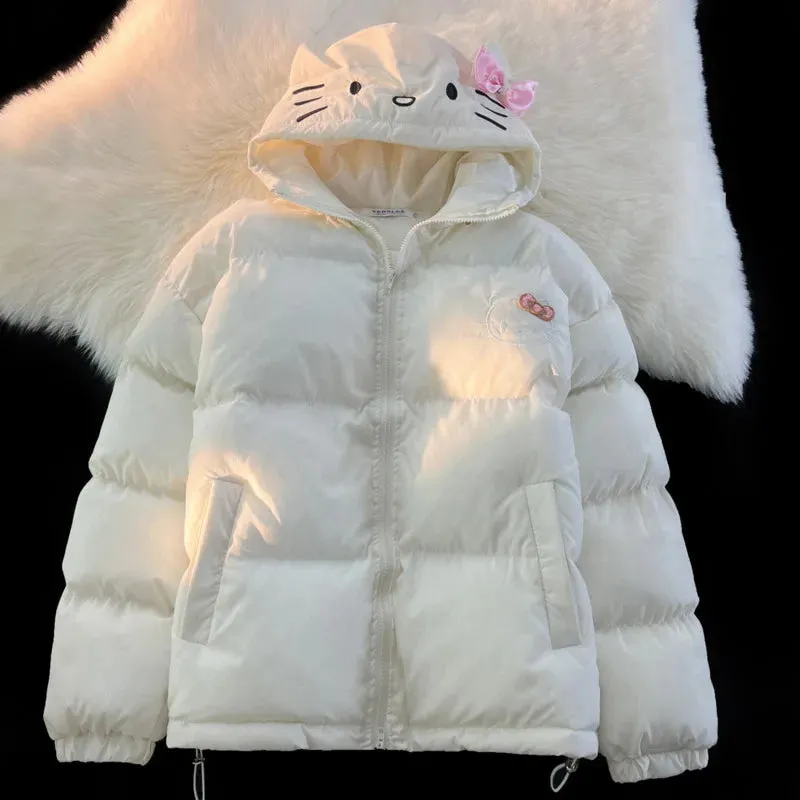 White Kitten Bomber Puffer Jacket