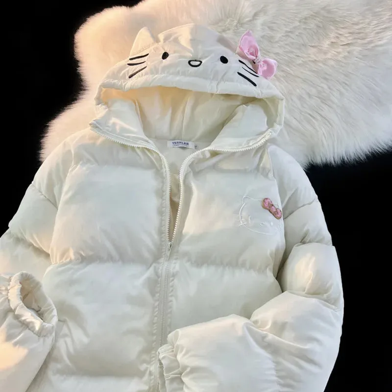 White Kitten Bomber Puffer Jacket