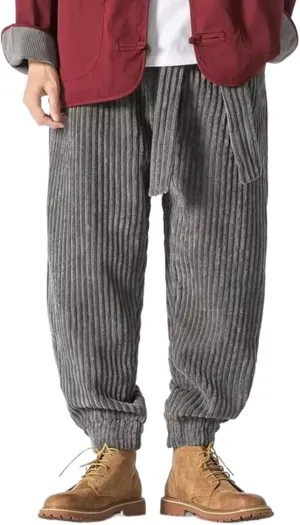 Winter Japanese Men Corduroy Harem Pants Oversized Gray M