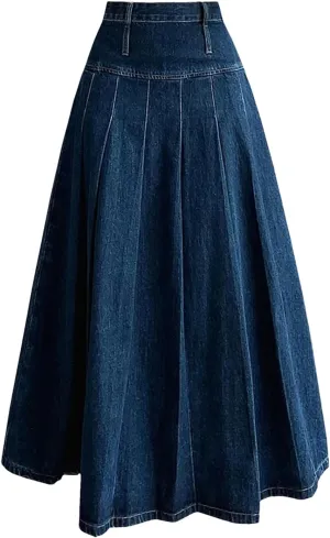 Women Chic Pleated Skirts Spring Autumn High Waist Straight Loose Denim Midi Skirts